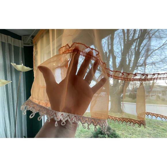 Vintage 70s curtains, orange sheer ruffled panels with cream lace, as a pair - Picture 4 of 10